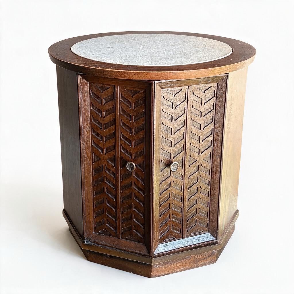 VTG End Table w/Stone Insert & Storage, 20"H x 20"Dia