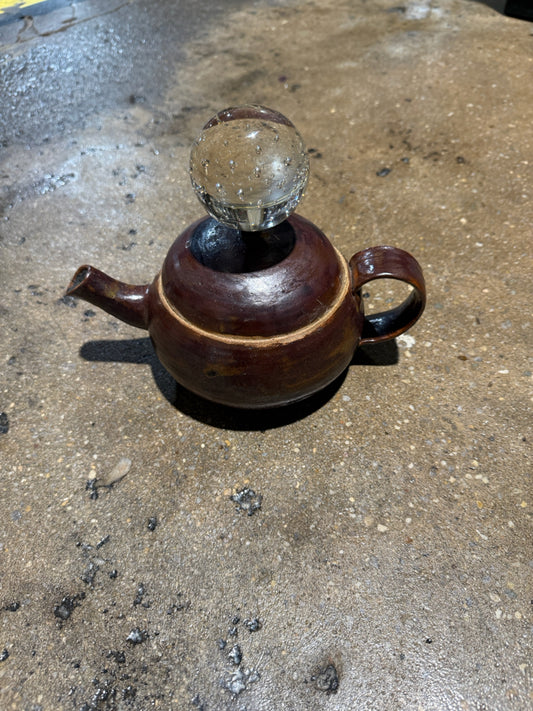 Studio pottery tea pot w/glass orb, 9"L x 6"W x 6.5"H