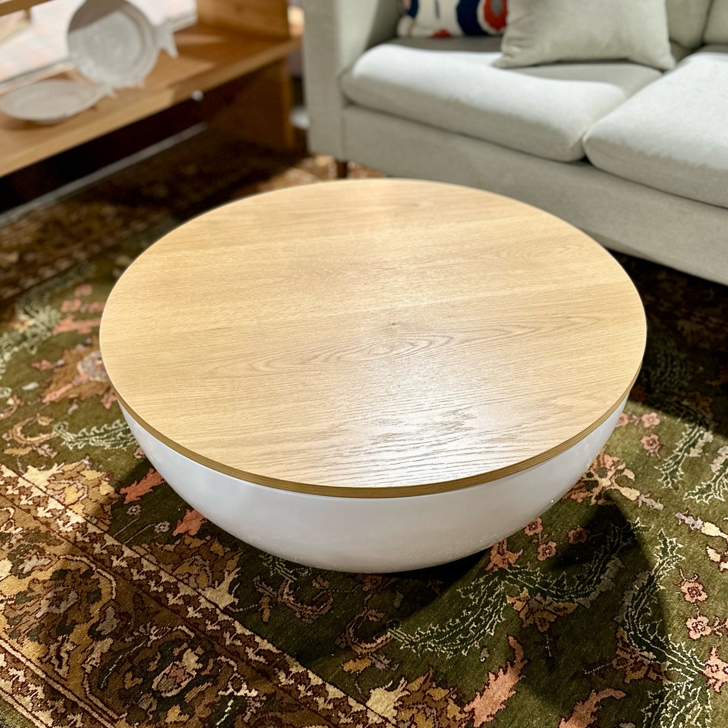Feather Geary Storage Coffee Table, Oak & White, 35.75" Dia x 15.5" H