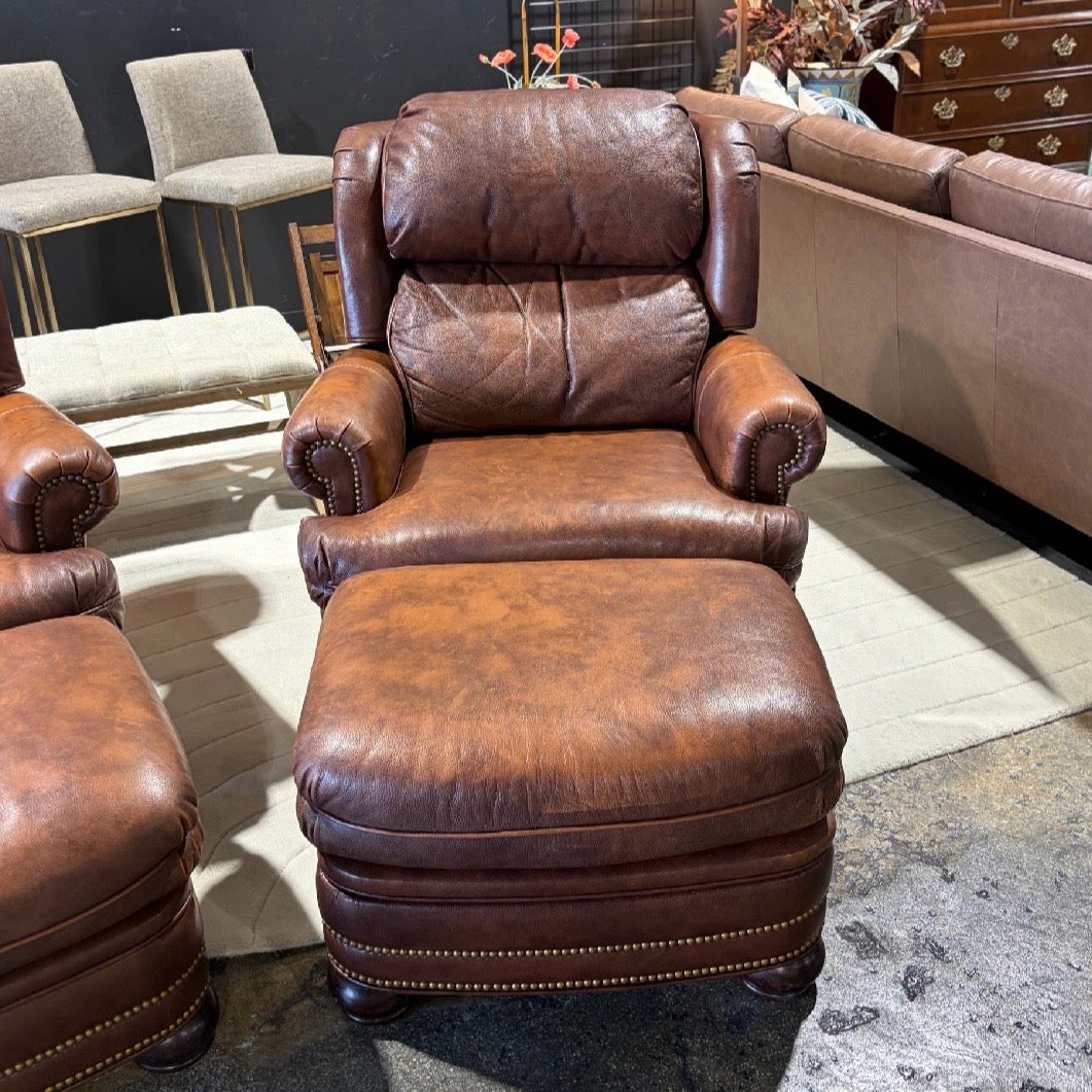 Leather MotionCraft Recliner & Ottoman w/Nailhead Trim, chair:39"H x 32"W x 38"D