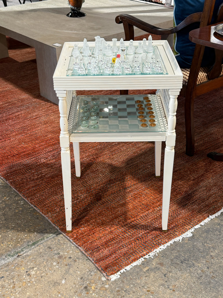Shabby chic game table w/pieces, 17"W x 17" D x 26.5"H