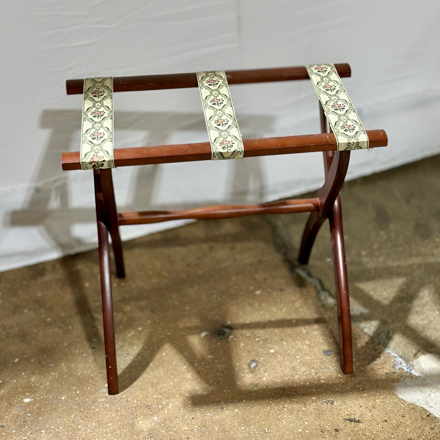 Vintage Folding Wood Luggage Rack, Green & Pink Floral, 22.5"L x 13.25"W x 20"H