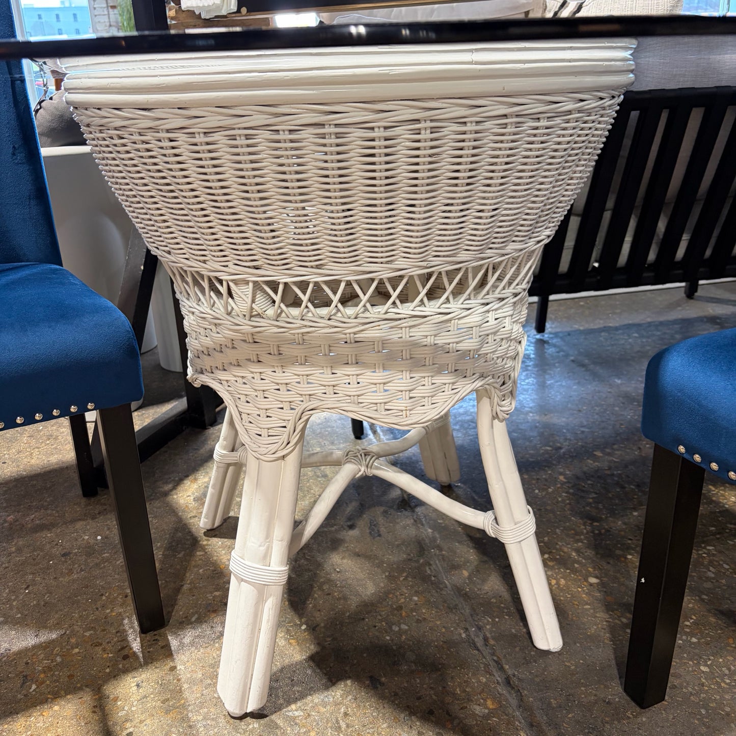 White Wicker Table w/Round Glass Top, 48"W x 30"H