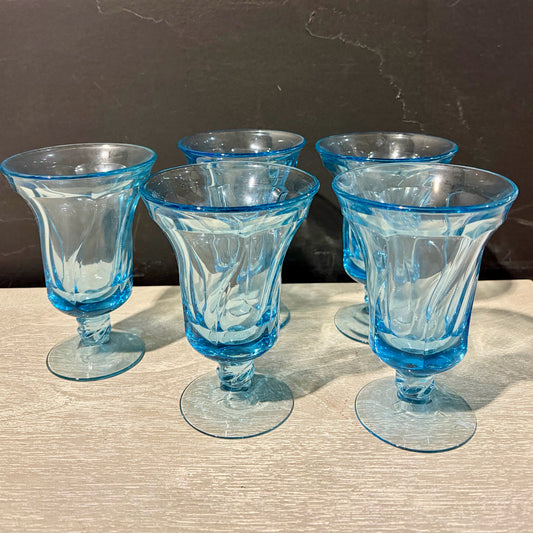 5 VTG Fostoria Jamestown Blue Footed Ice Tea Glasses, 4.25"Dia x 6"H