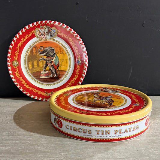 VTG Restoration Hardware Circus Tin Plate set w/ Storage Tin, 10.2"Dia