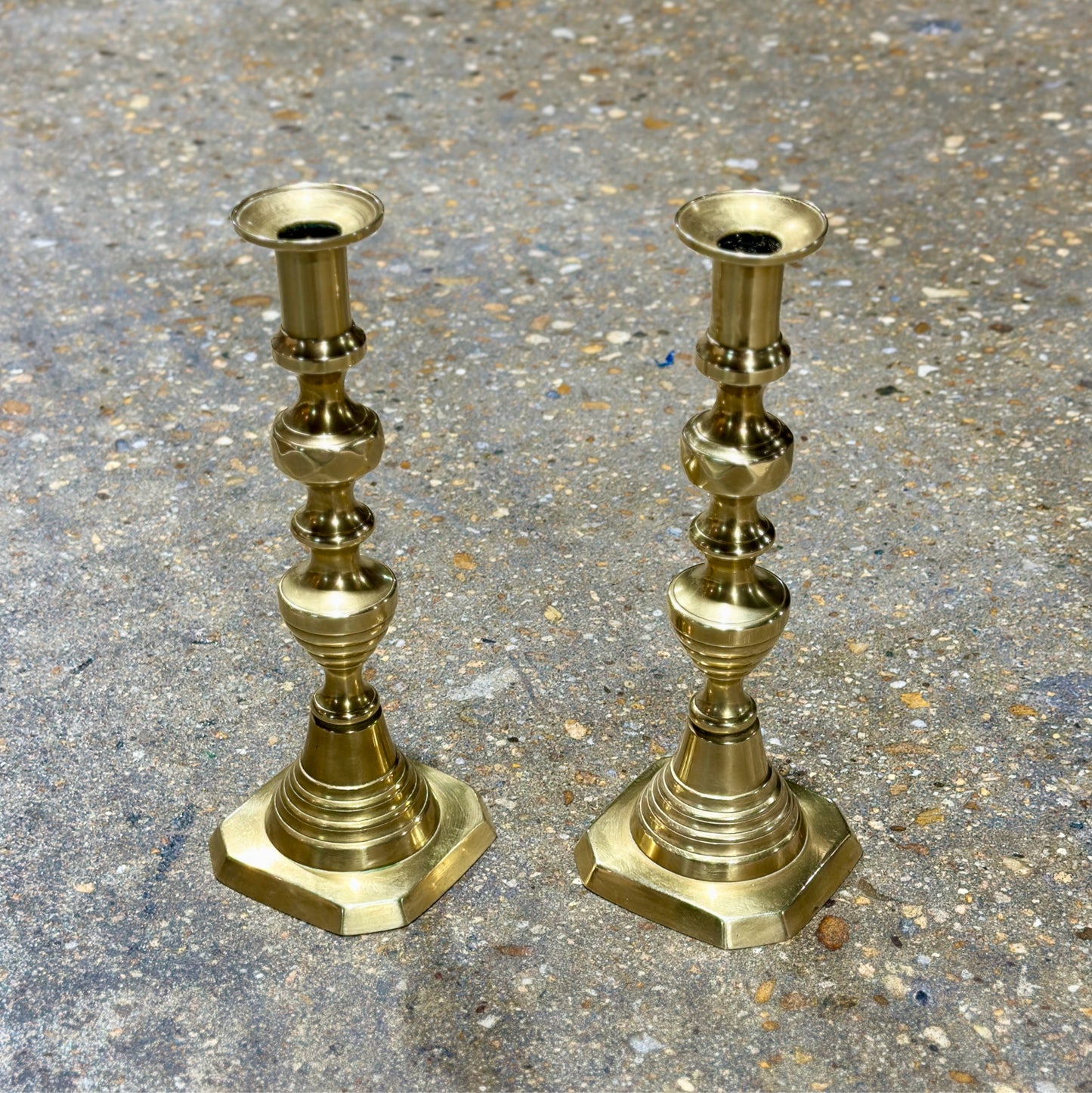 PAIR of vintage brass candlesticks, 11"H