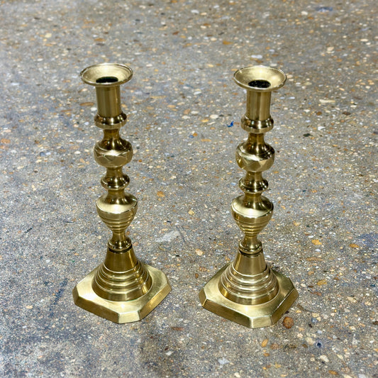 PAIR of vintage brass candlesticks, 11"H
