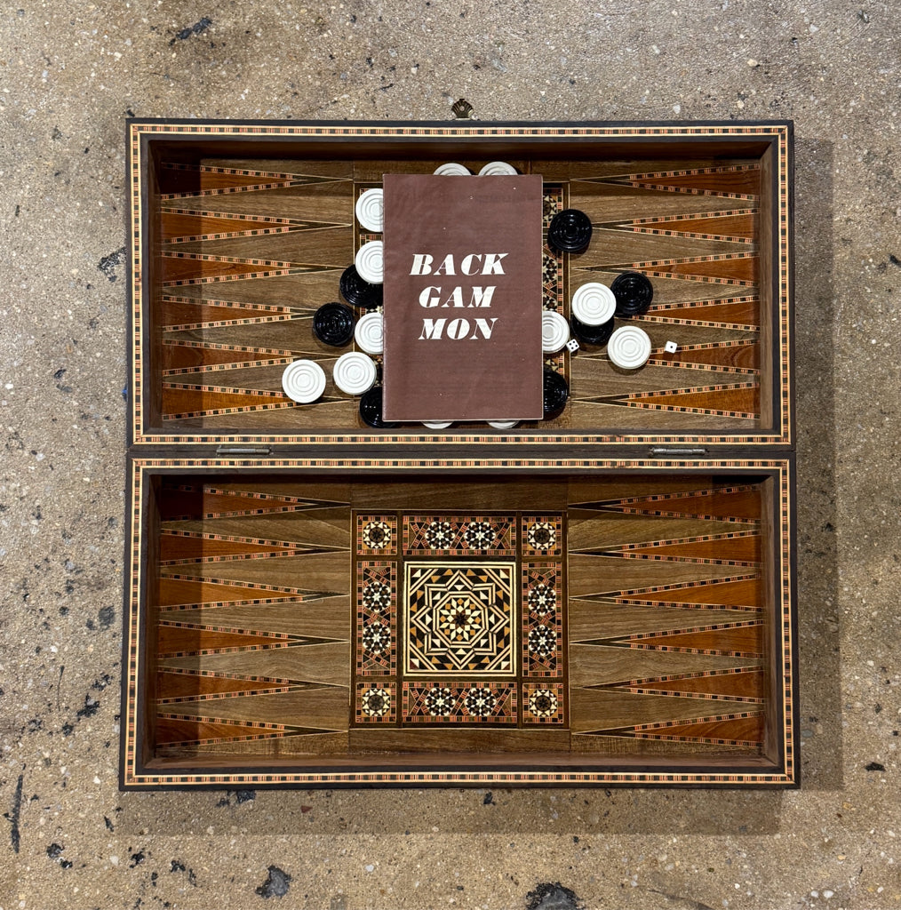 Backgammon board, inlaid wood details, 19.5"W x 19.5"D