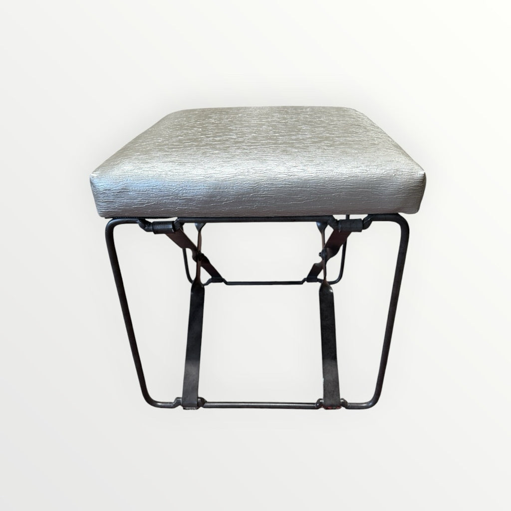 Palacek Ottoman, pewter textured leather, wrought iron, 18"W x 18"D x 19"H