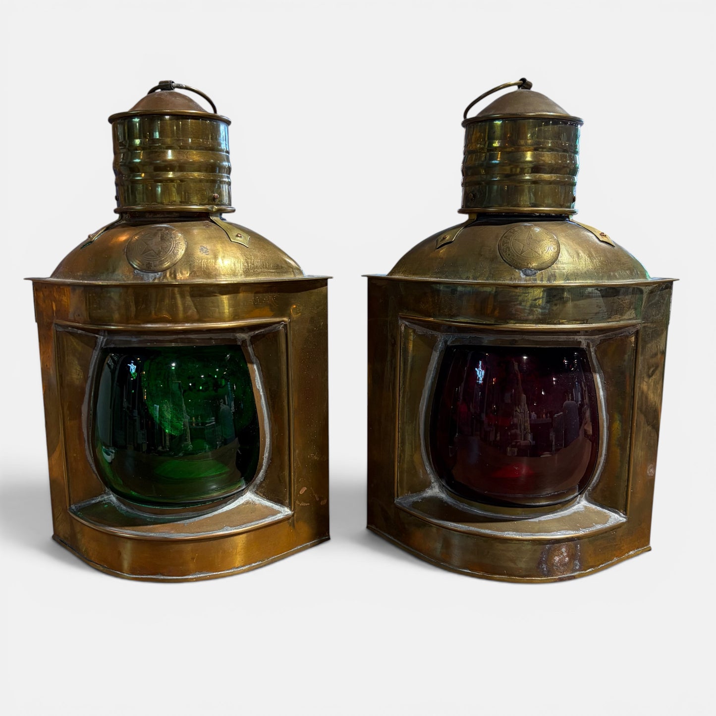Pair VTG Red & Green Nautical Brass Oil Lamps, 9.5"H x 4"W x 4"D