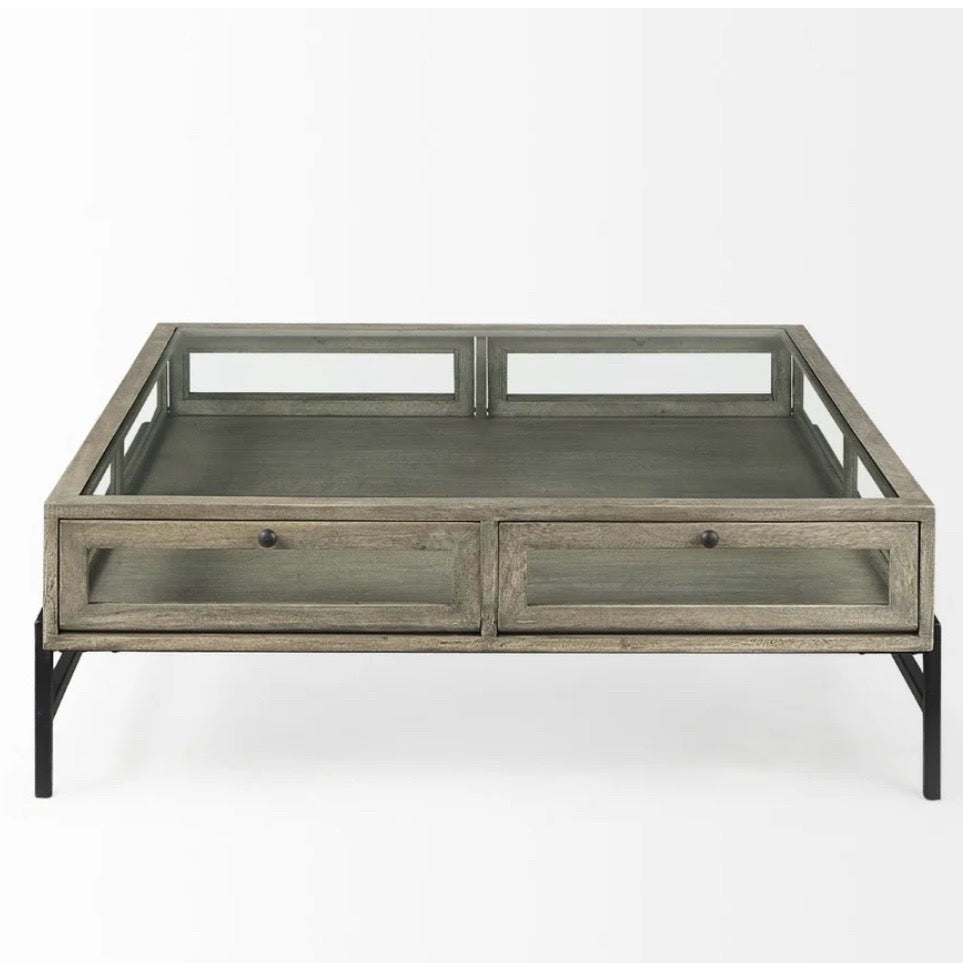Arelius Square Glass-Top Display Coffee Table, 42"W x 43.5"D x 15"H