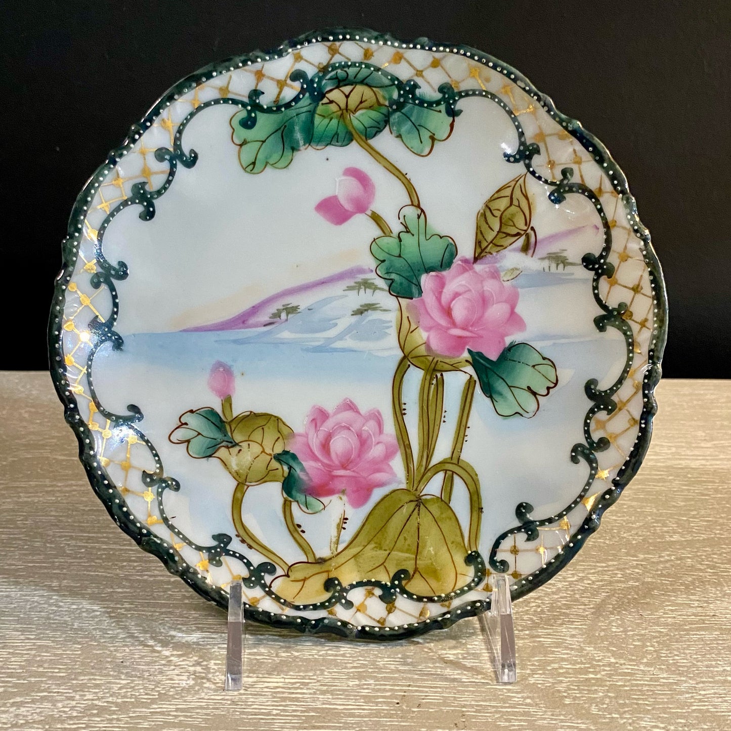 Set 4 , Hand Painted Nippon Lotus Plates. 6.25"Dia x 1"H