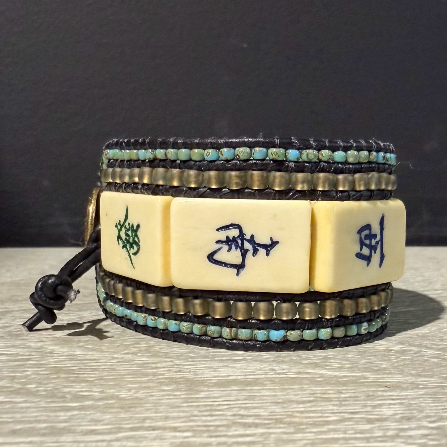 Vintage Mahjong Tile Cuff Beaded Bracelet, 1.5"W x 7.2"L, Carrie Prince