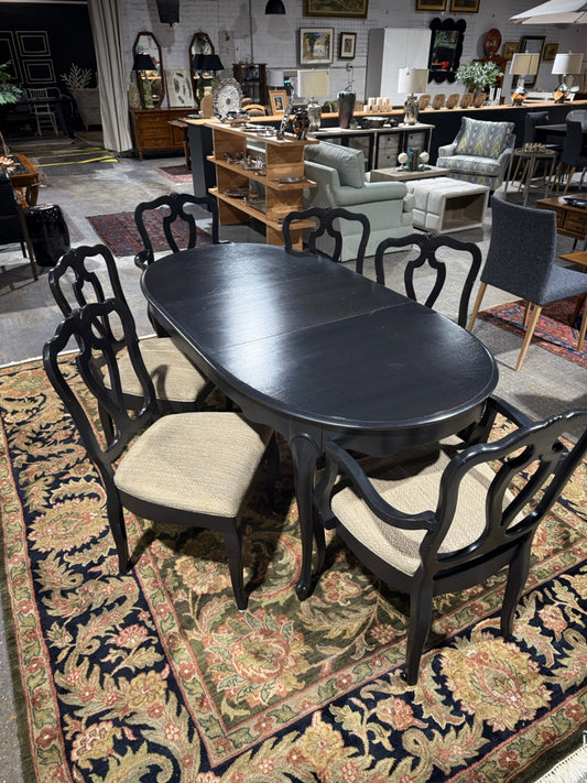Black Oval Dining Table w/ Leaf, 72" L x 36" W x 29" H + 6 Black & Tan Chairs