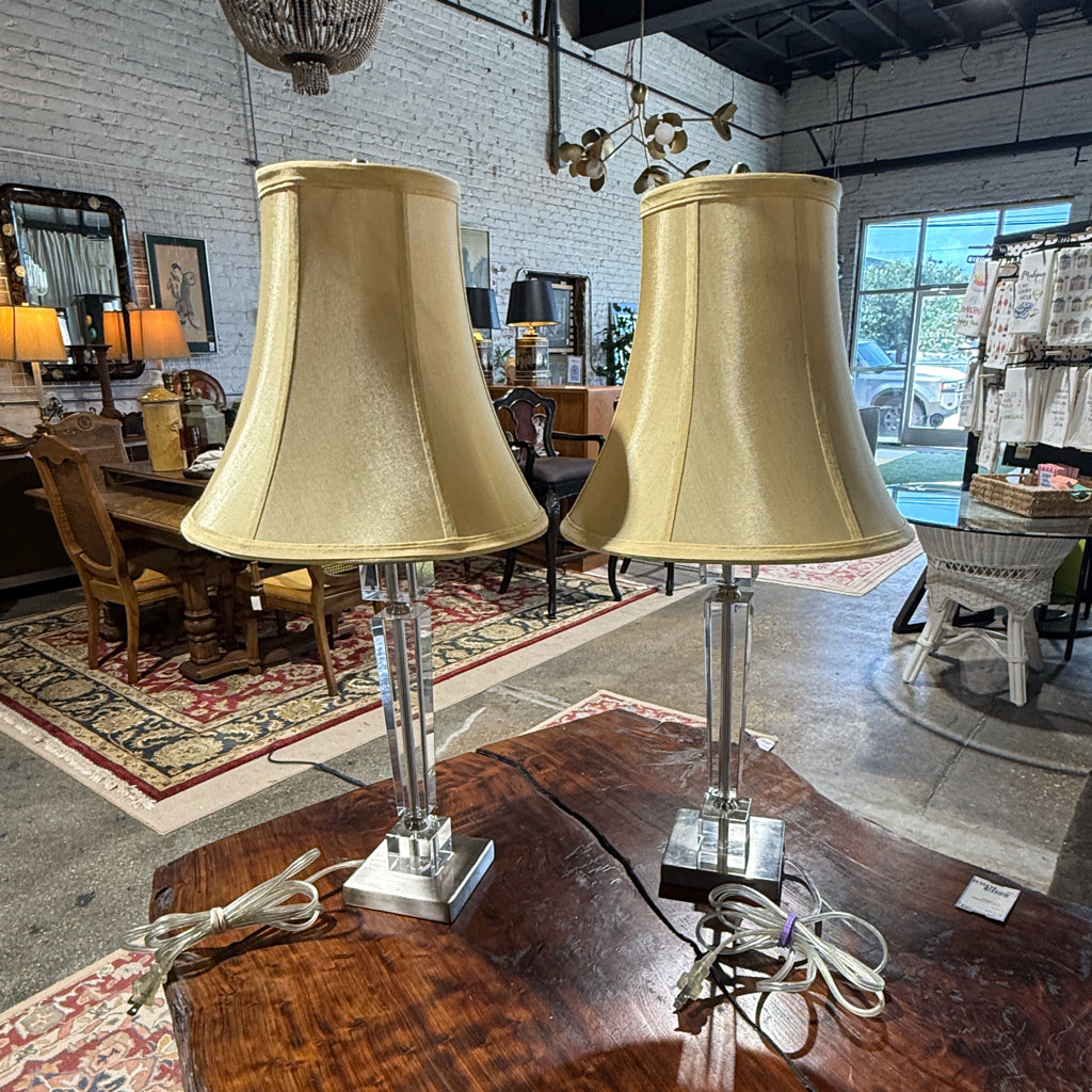 PAIR of lucite/chrome base table lamps, 25"H