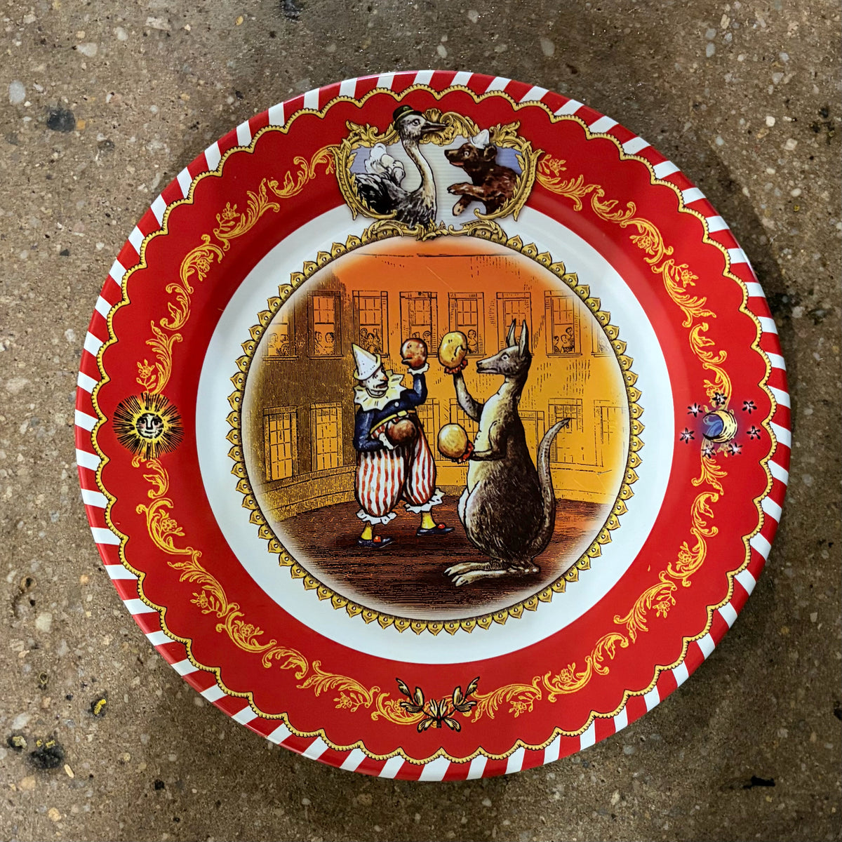 VTG Restoration Hardware Circus Tin Plate set w/ Storage Tin, 10.2"Dia