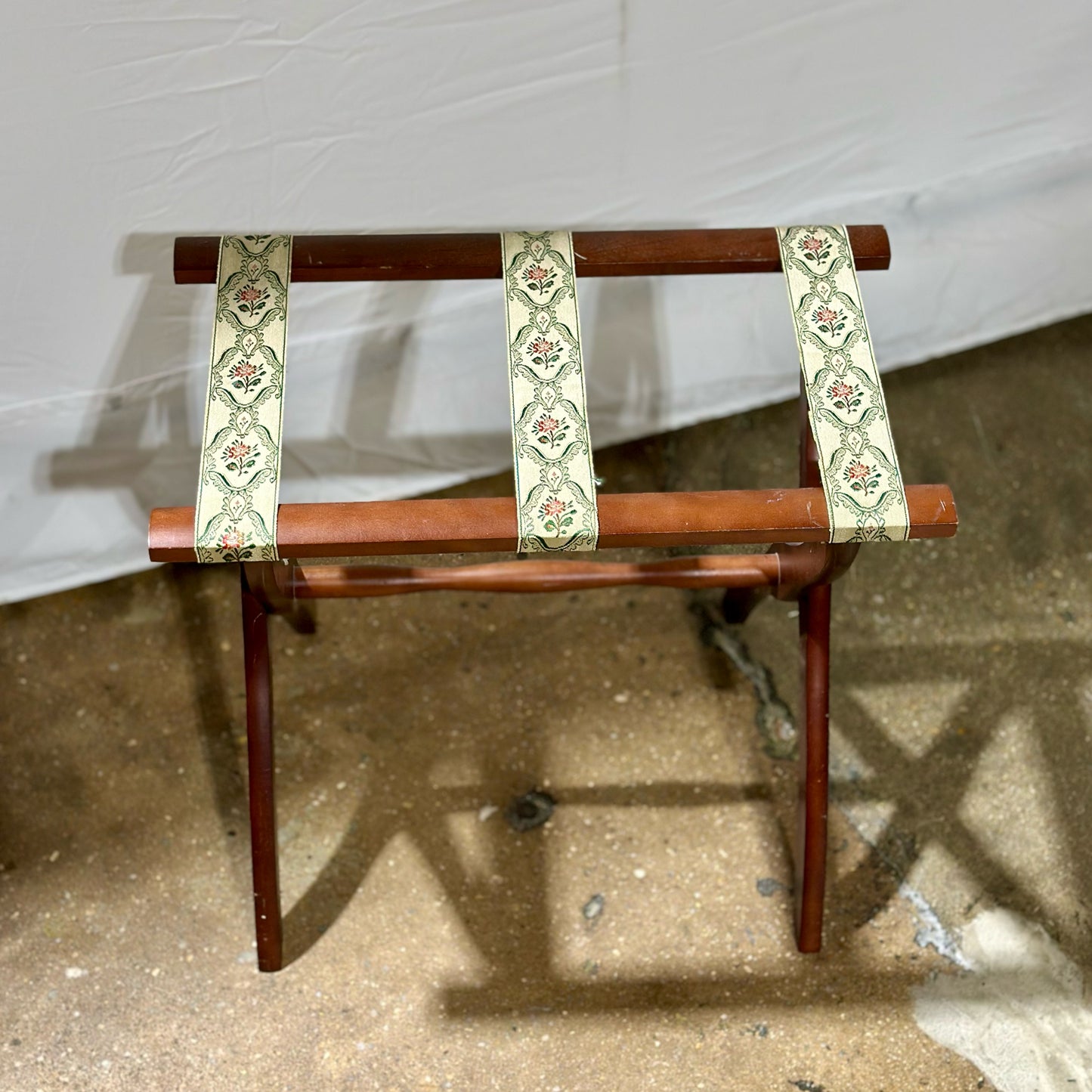 Vintage Folding Wood Luggage Rack, Green & Pink Floral, 22.5"L x 13.25"W x 20"H