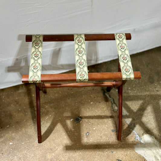 Vintage Folding Wood Luggage Rack, Green & Pink Floral, 22.5"L x 13.25"W x 20"H