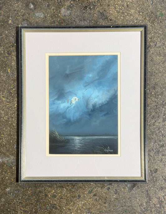 Wayne Fulcher framed painting/ print, 'geese at night', 17"W x 21"H x  1"D
