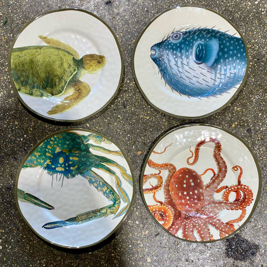 Set of 4 Pottery Barn Under the Sea Melamine Salad Plates, 8.75"Dia