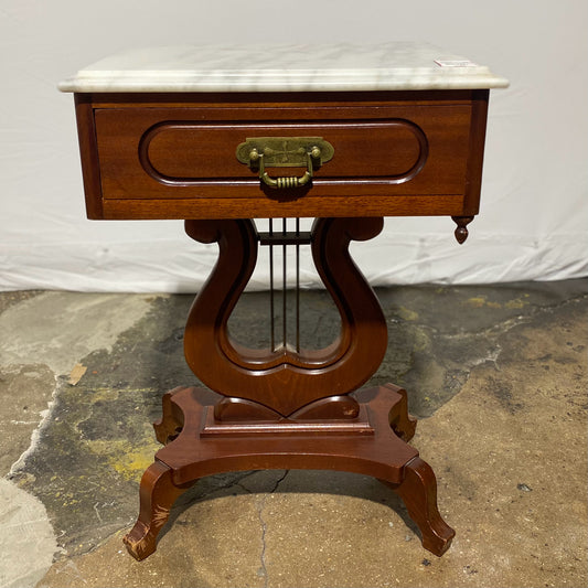 Vintage Marble Top Table W/ Lyre Shaped Pedestal, 19"W x 15"D x 27"H