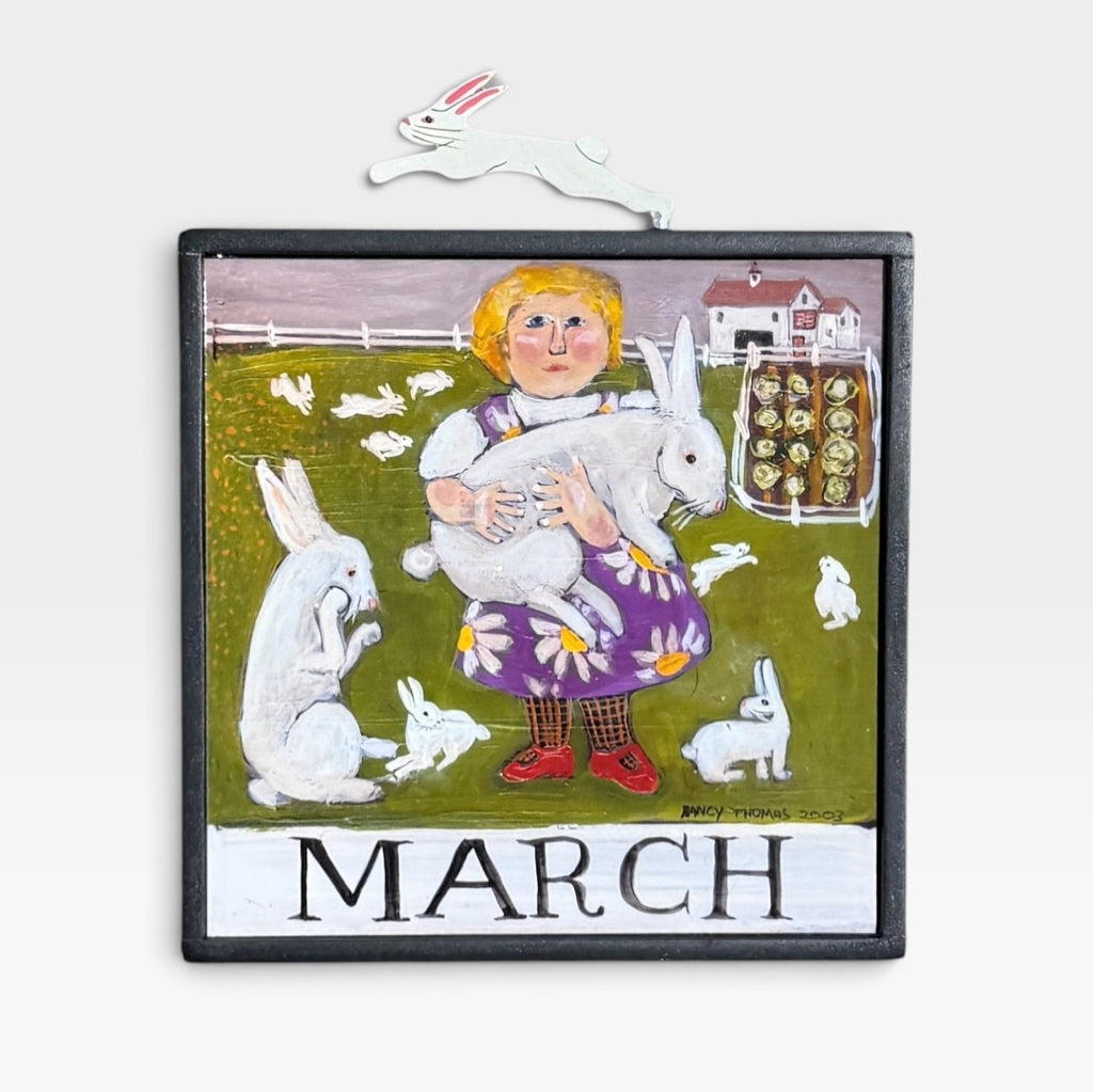 "MARCH" framed Nancy Thomas print, 5" x  5"