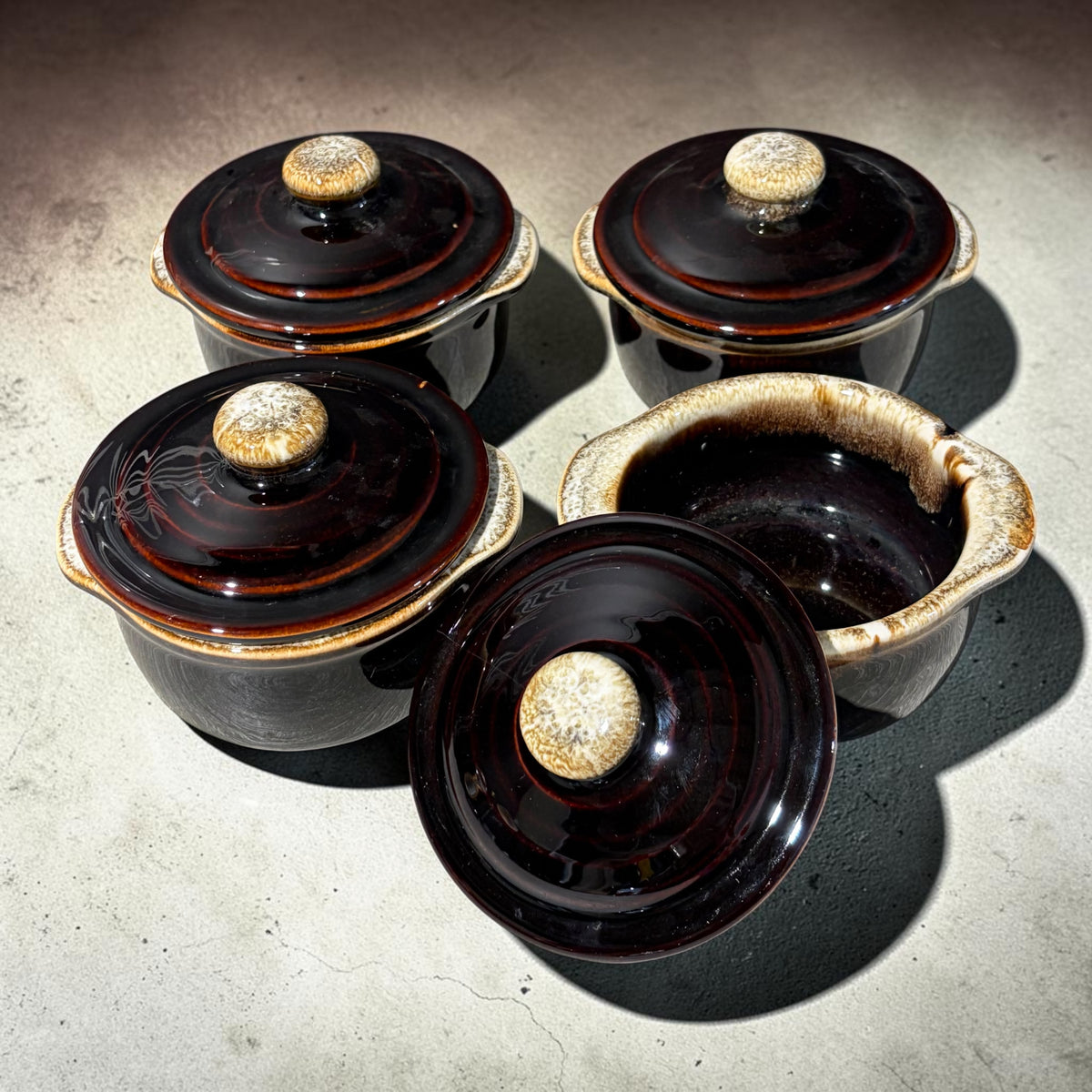 VTG Set of 4 Pfaltzgraff Individual Casserole w/Lid "Brown Drip" Bowls, 3"Hx5"W