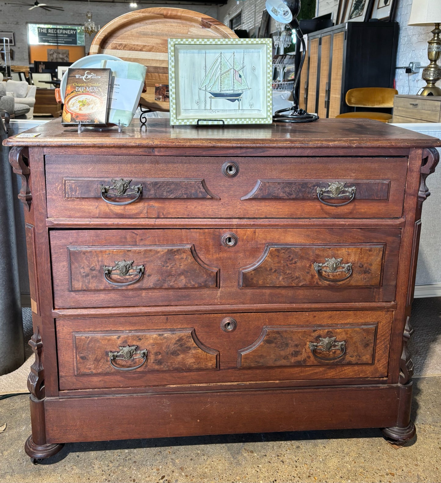 Burled Walnut Victorian 3 Drawer Dresser, 19"Wx41"Lx33.5"H
