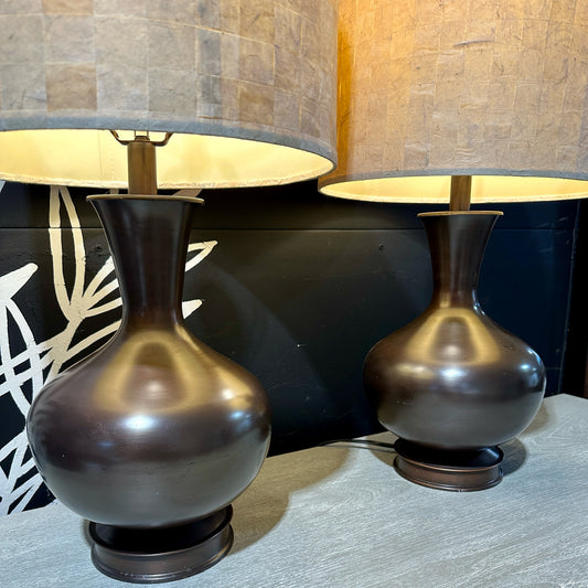 PAIR of Bronze Finish Urn Table Lamps w/ Natural Paper Shades, 14" Dia x 26" H