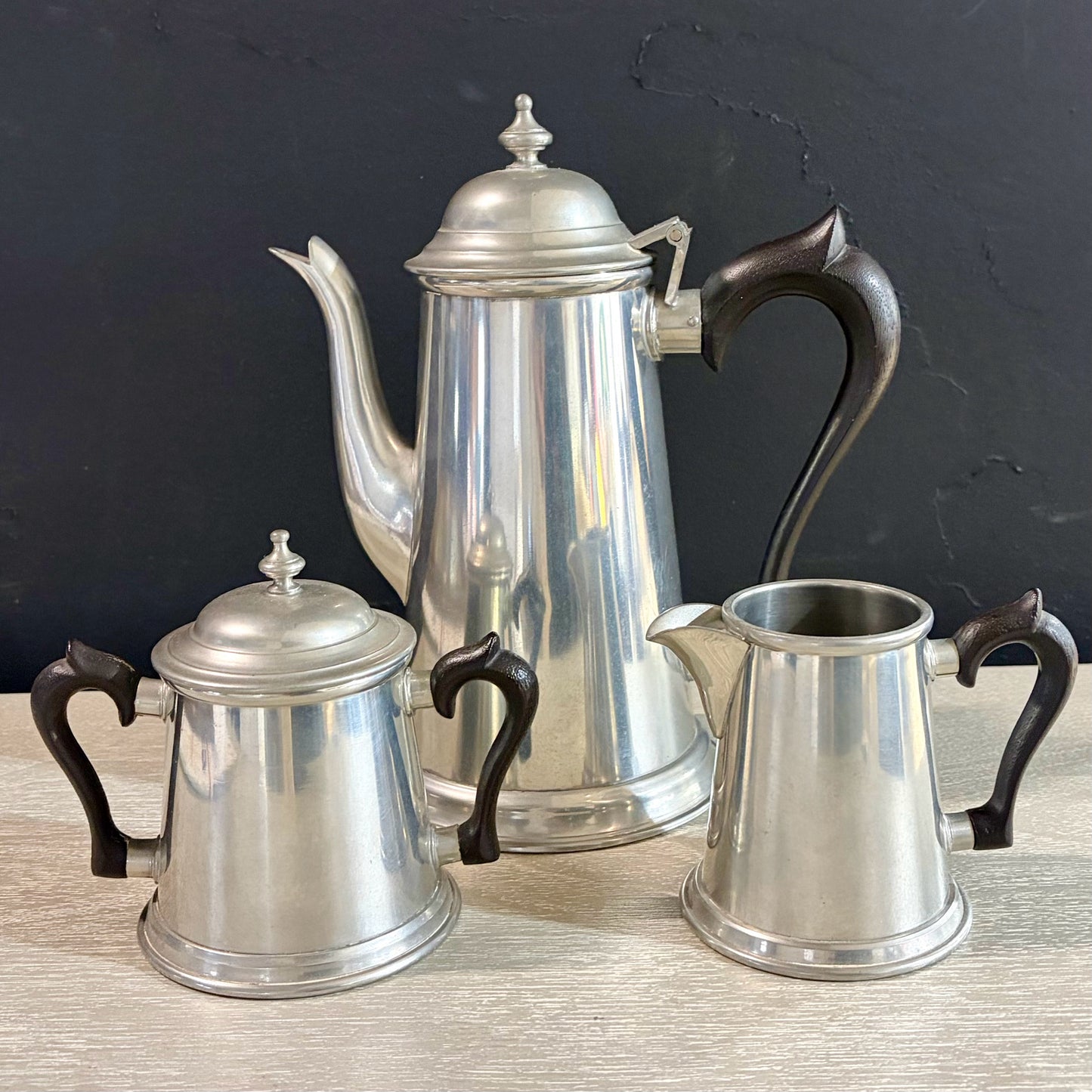 Vintage Kirk Stieff Pewter Coffee Set, 9"H x 8"W x 5"D