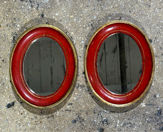 PAIR of antique handpainted oval mirrors, Florence, 5.75"W x 7"H