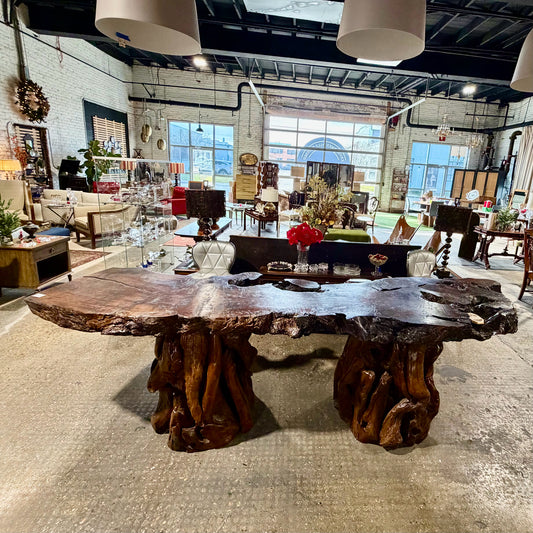 Reclaimed Calif Redwood slab on 2 redwood pedestals, 120"L x 38"W x 33"H
