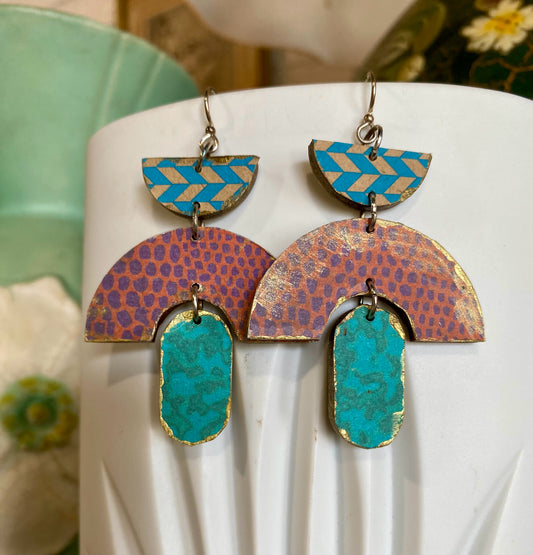 Woodcut Earrings, Geo Deco, Carrie Price Wearable Art