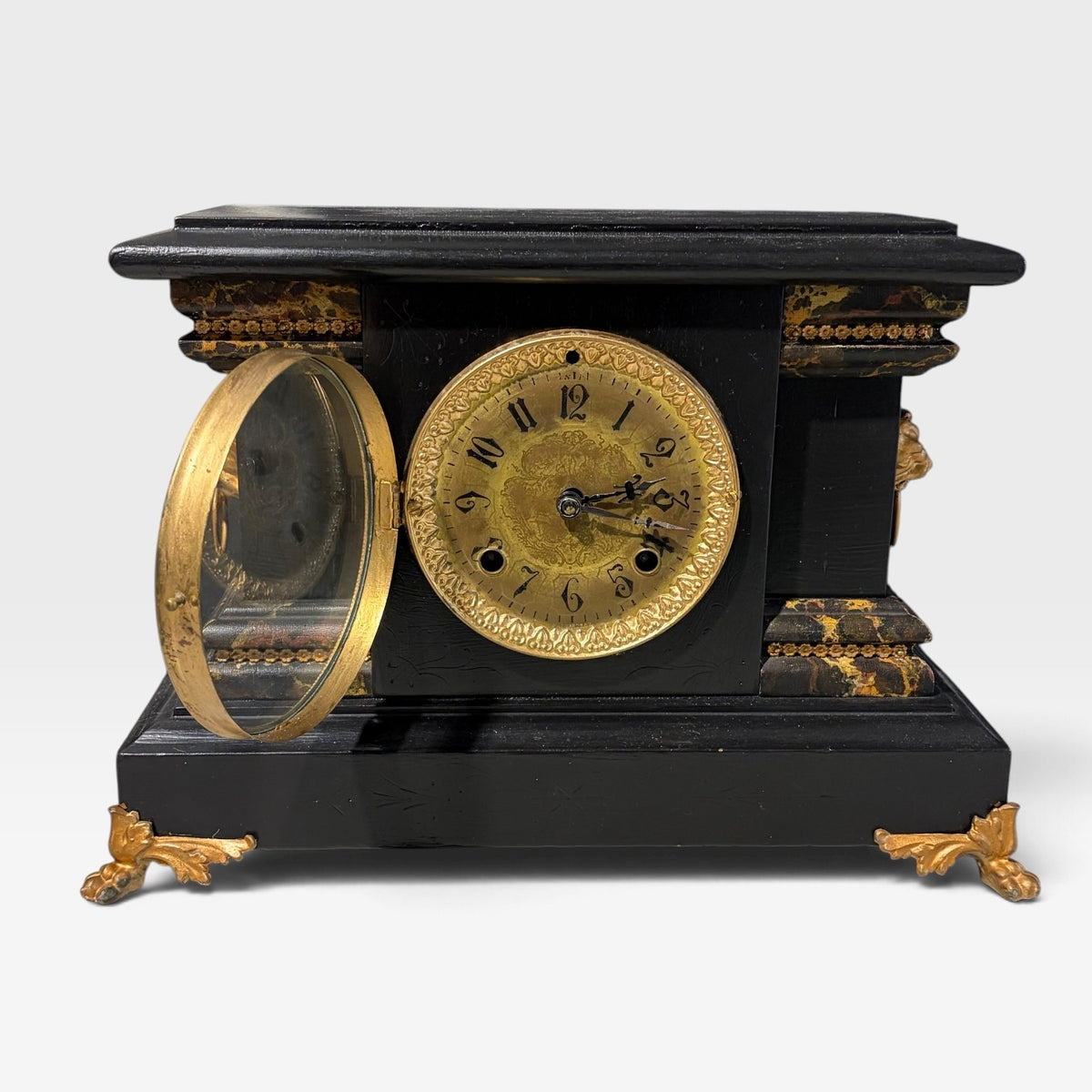 Antique Mantel Clock w/key, blk/grn/bronze, 16"W x 6.75"D x 11"H