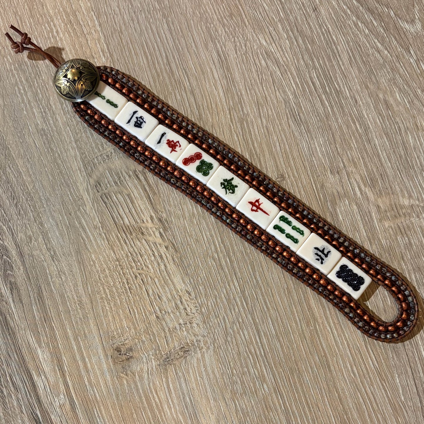 Vintage Mahjong Tile Cuff Beaded Bracelet, 1.15"W x 7.2"L, Carrie Prince