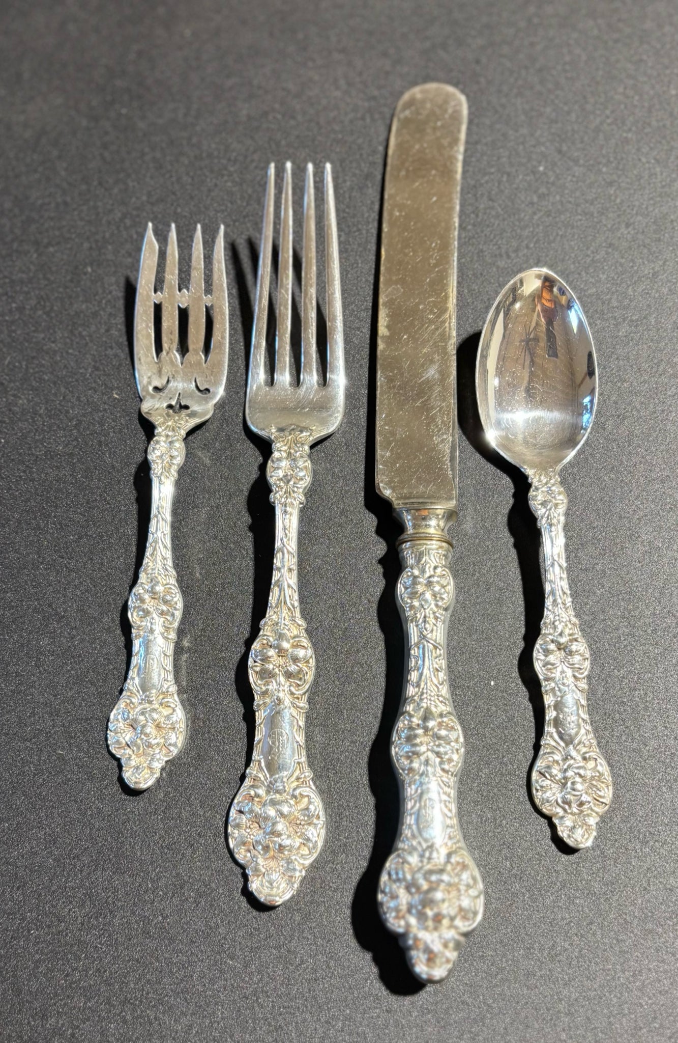 Old Orange Blossom Sterling 4 pc Place Setting, mono