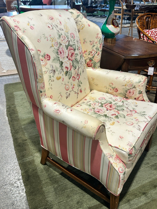 Wingback chair, stripes/floral mix, 29"W x 30"D x 39.5"H