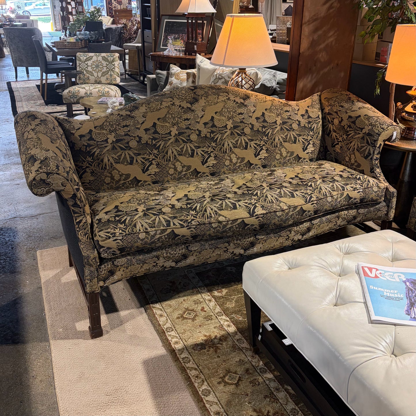 VTG Chippendale Style Sofa, Chinoiserie-Pattern, Black & Gold, 84"W x 34"D x 37"