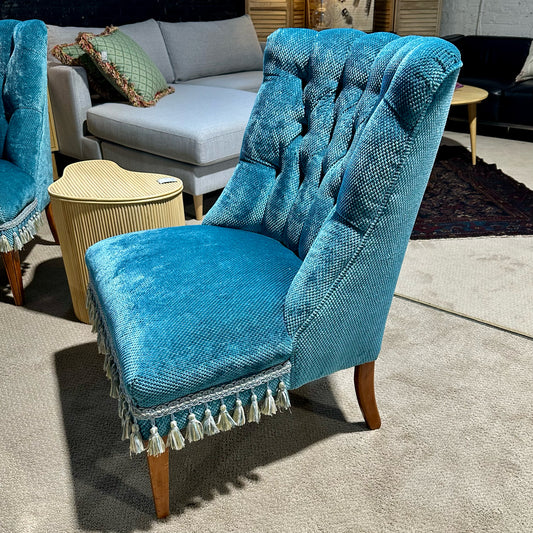 Tufted Armless Upholstered Chair, Teal w/ Tassel Trim, 26.5"L x 29.5"D x 35.5"H