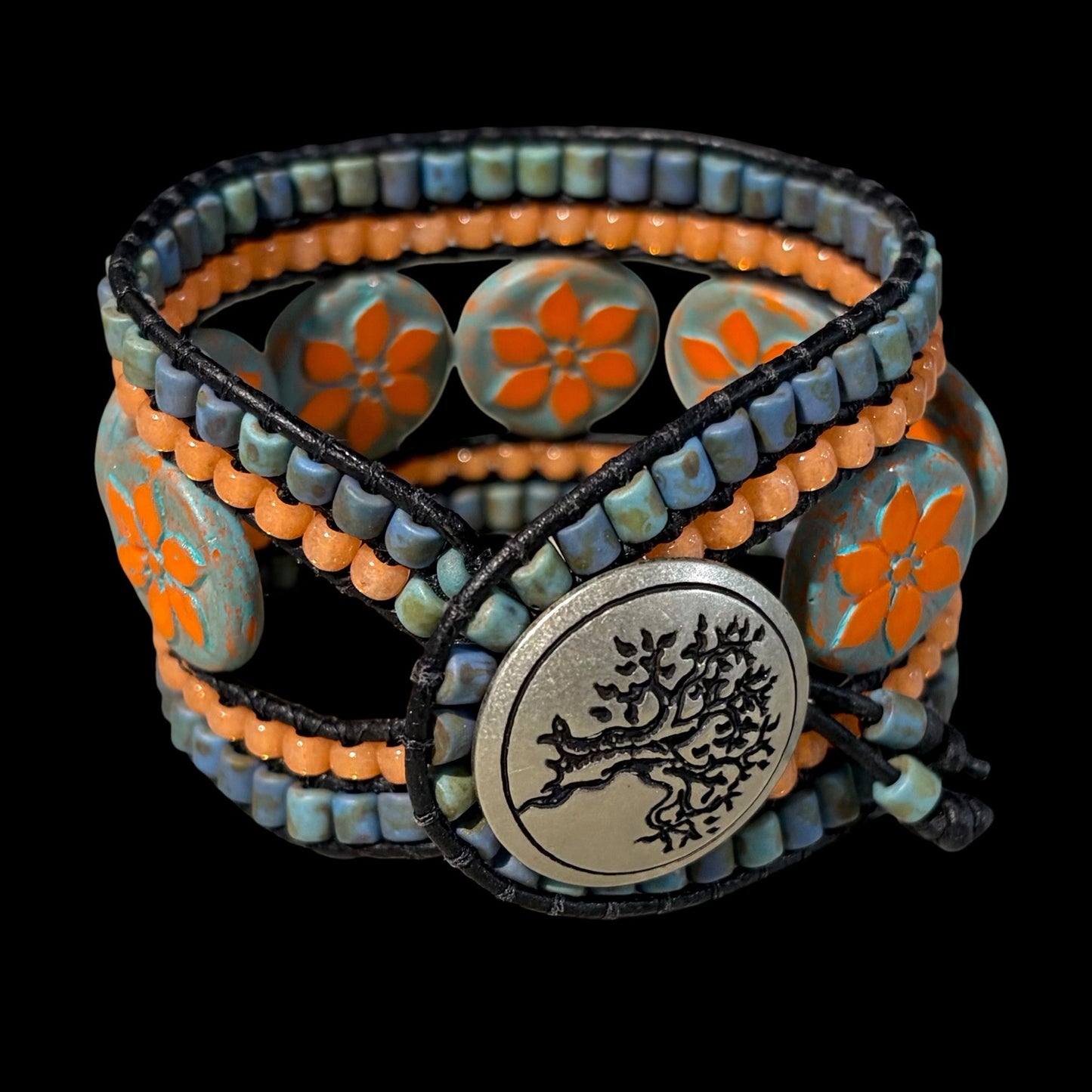 Bohemian Picasso Beaded Cuff, Orange Flowers by Carrie Prince
