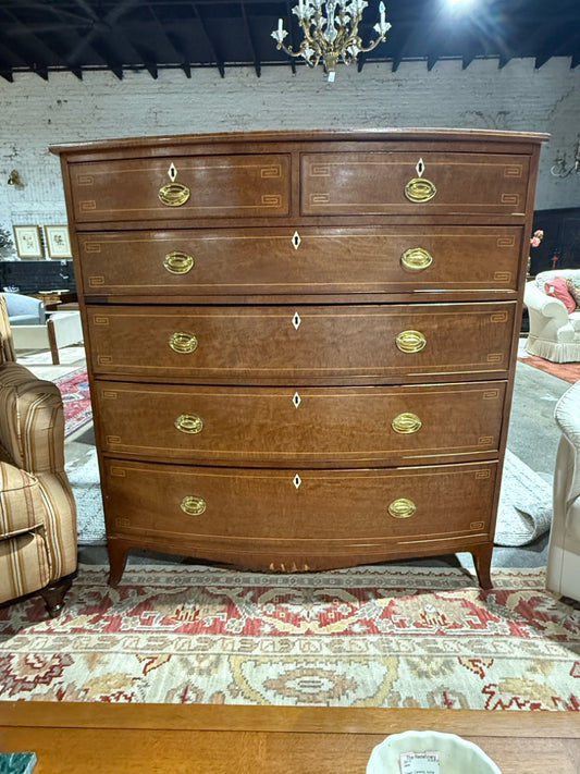 Antique Federal Bow Front 6 drawer dresser, 49"W x 23.5"D x 51.5"H