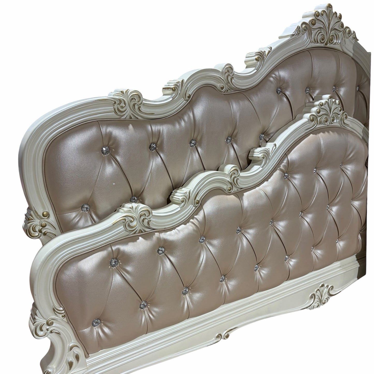 Chantelle King Bed, Rose Gold Faux Leather & Pearl White, 89"W x 84"D x 68"H