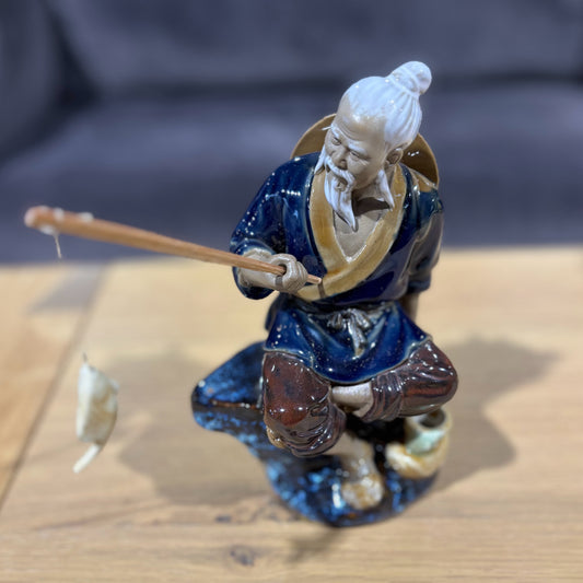 Vintage Chinese Fisherman Figurine 6" W x 6" H x 7.5" H