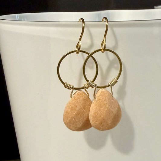 Peach Moonstone & Brass Earrings, 1.75"L, Carrie Prince Wearable Art