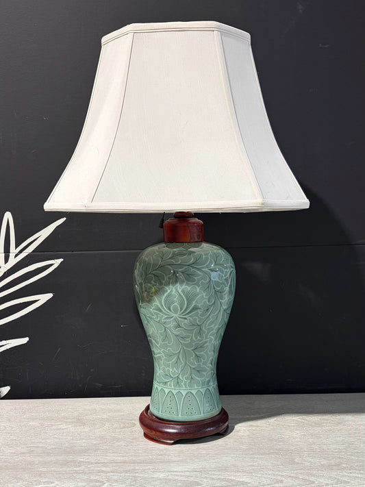 Celedon Ceramic Lamp w/Floral Design, 28.75"H x18"W x 13.25" D