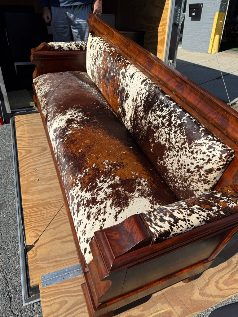 Antique American Empire sofa, cowhide upholstery, 82"L x 24'D x 36.5"H
