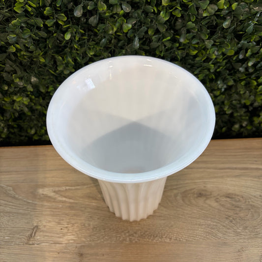 Fluted White Glass Vase, 7.25"H x 5.75"Dia