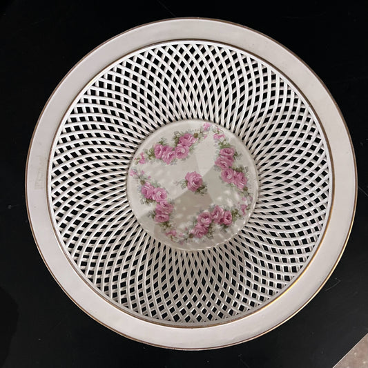 Antique Max Roesler Porcelain Basket, 9.75" Dia x 2.75" H