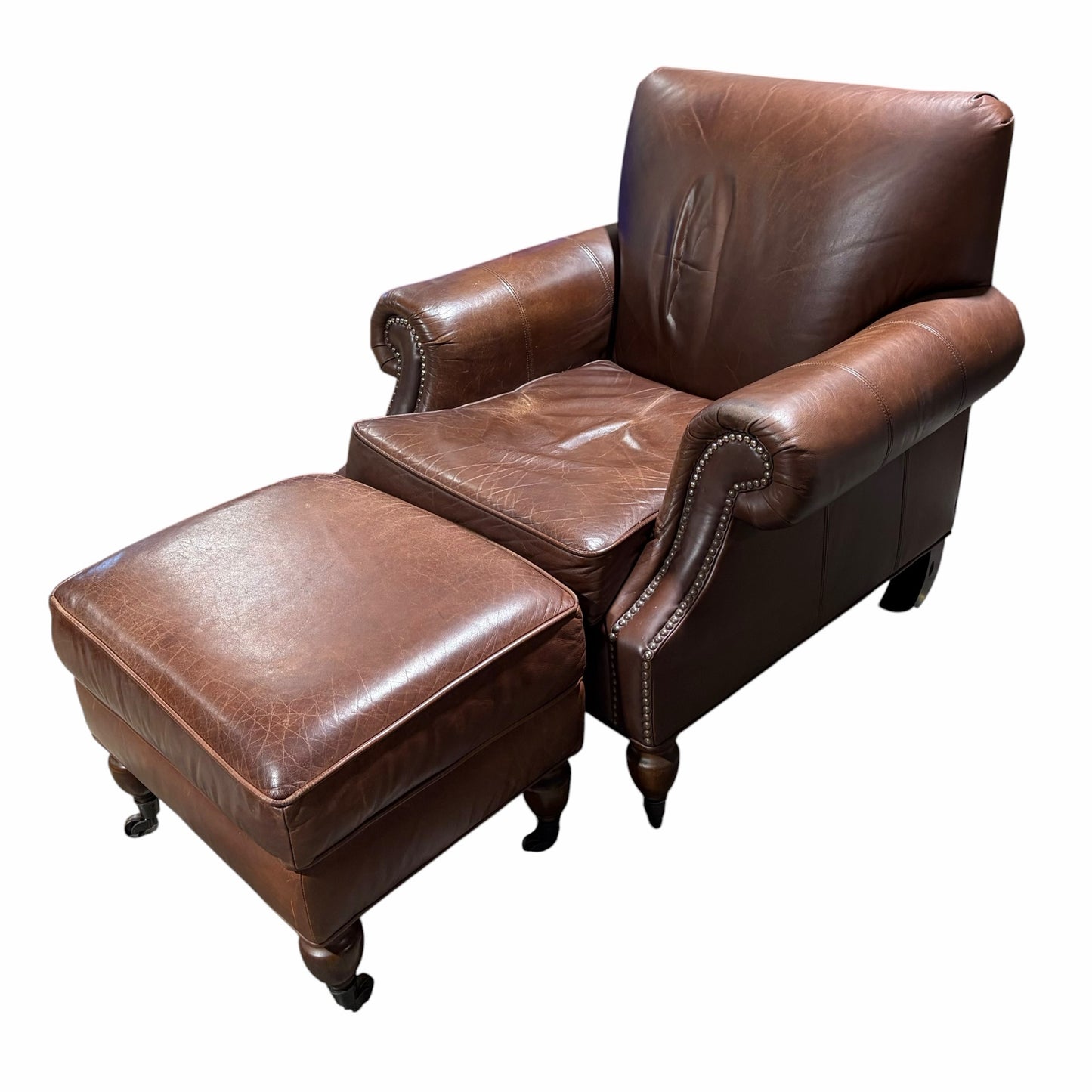 Brooklyn Leather Armchair & Ottoman w/ Nailhead Trim, 37"W x 36"D x 35"H