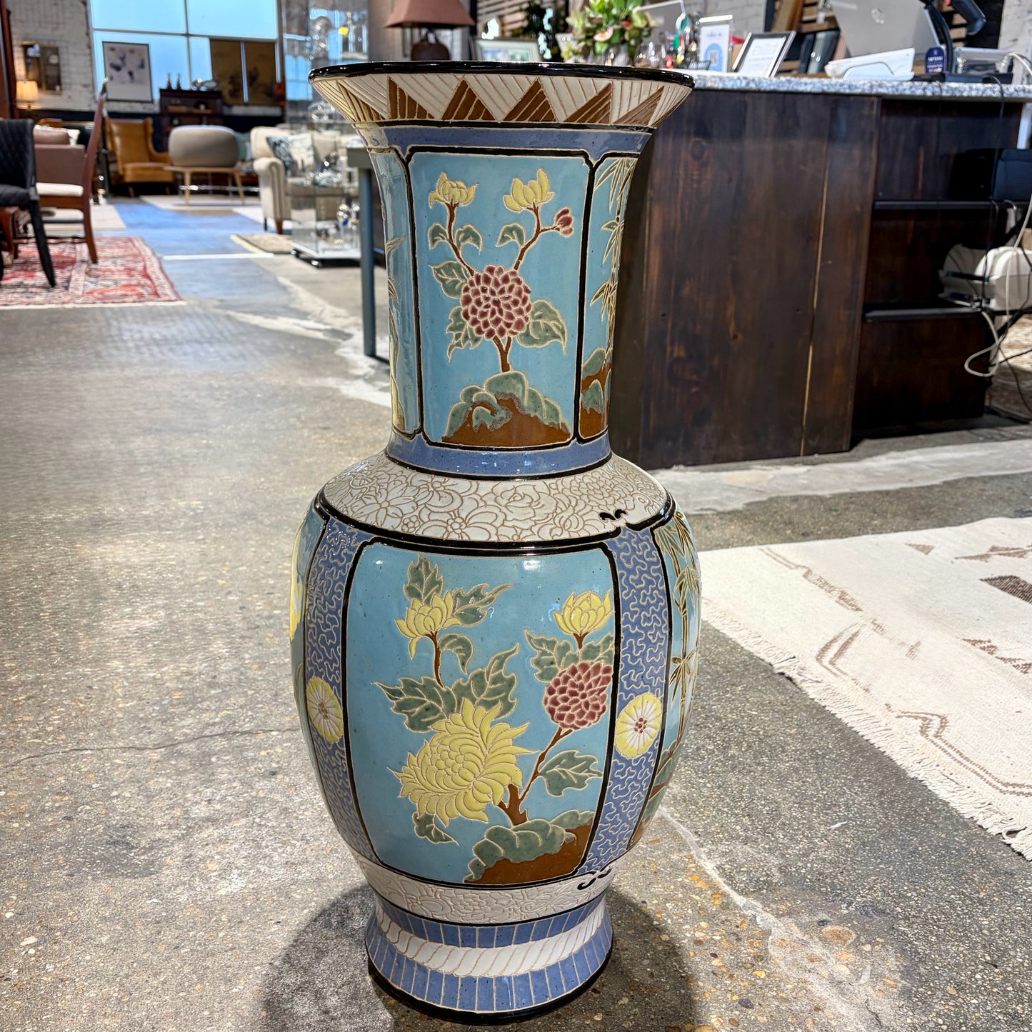 Large Ceramic Chinoiserie Style Floor Vase, 14"W x 14"D x 30.75"H